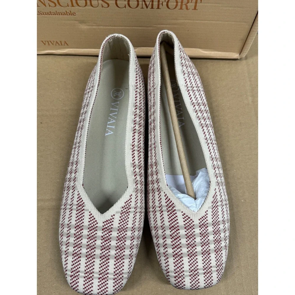 Vivaia Square‎ Toe Ballet Flats Red Cream Checkered  EU/39 US/8